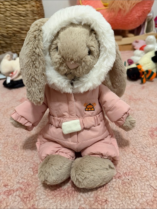 Jellycat Other - Jellycat Beige Bunny in Pink Hooded Snowsuit with White Trim